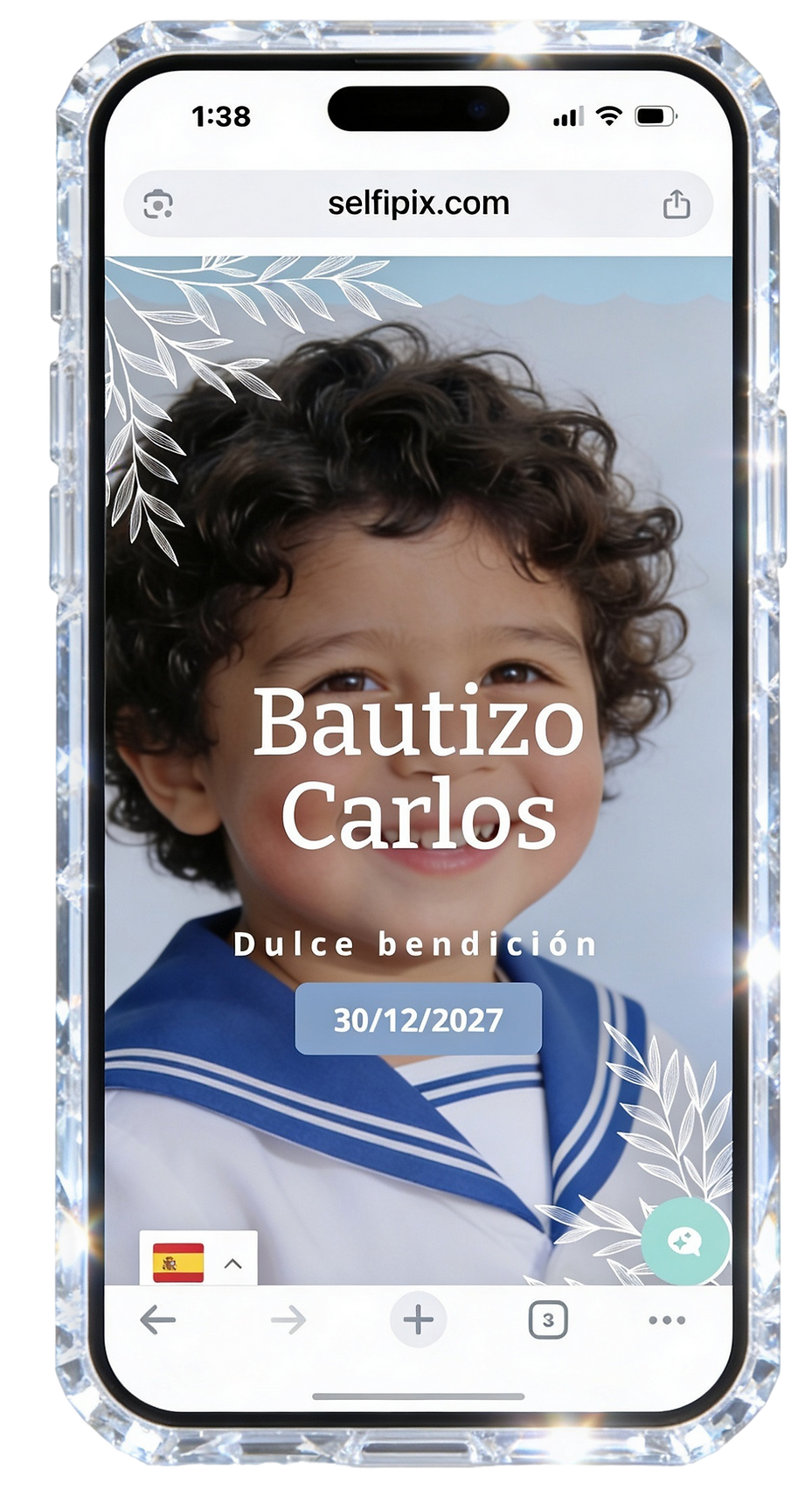 Dispositivo móvil con la plataforma Selfipix para gestionar invitación, confirmaciones y recuerdos del bautizo. ¿Cómo funcionan las invitaciones digitales con código QR para eventos?