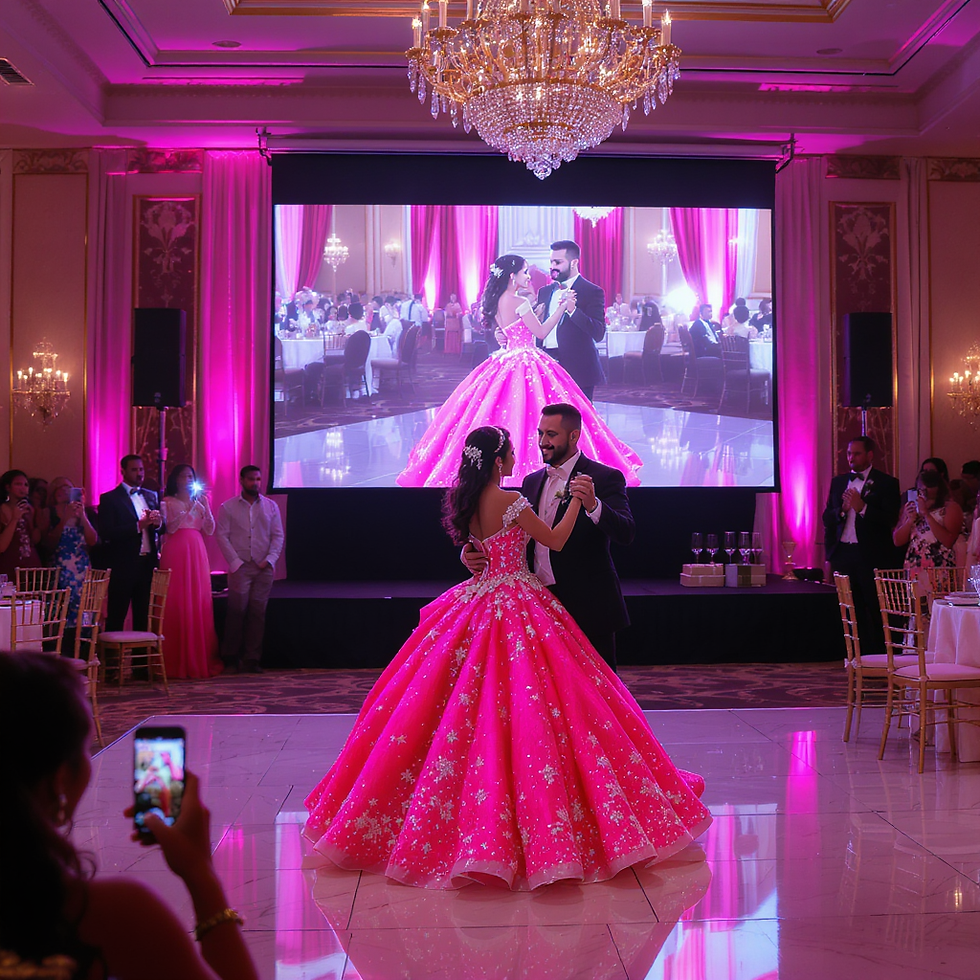 Quinceañera elegante entrando a su fiesta de XV años en todo su esplendor, con vestido impactante, invitados emocionados y pantalla LED gigante transmitiendo fotos del evento en tiempo real. Imagen de celebración premium con código QR para compartir recuerdos, ambiente mágico y experiencia interactiva ideal para XV años modernos e inolvidables.