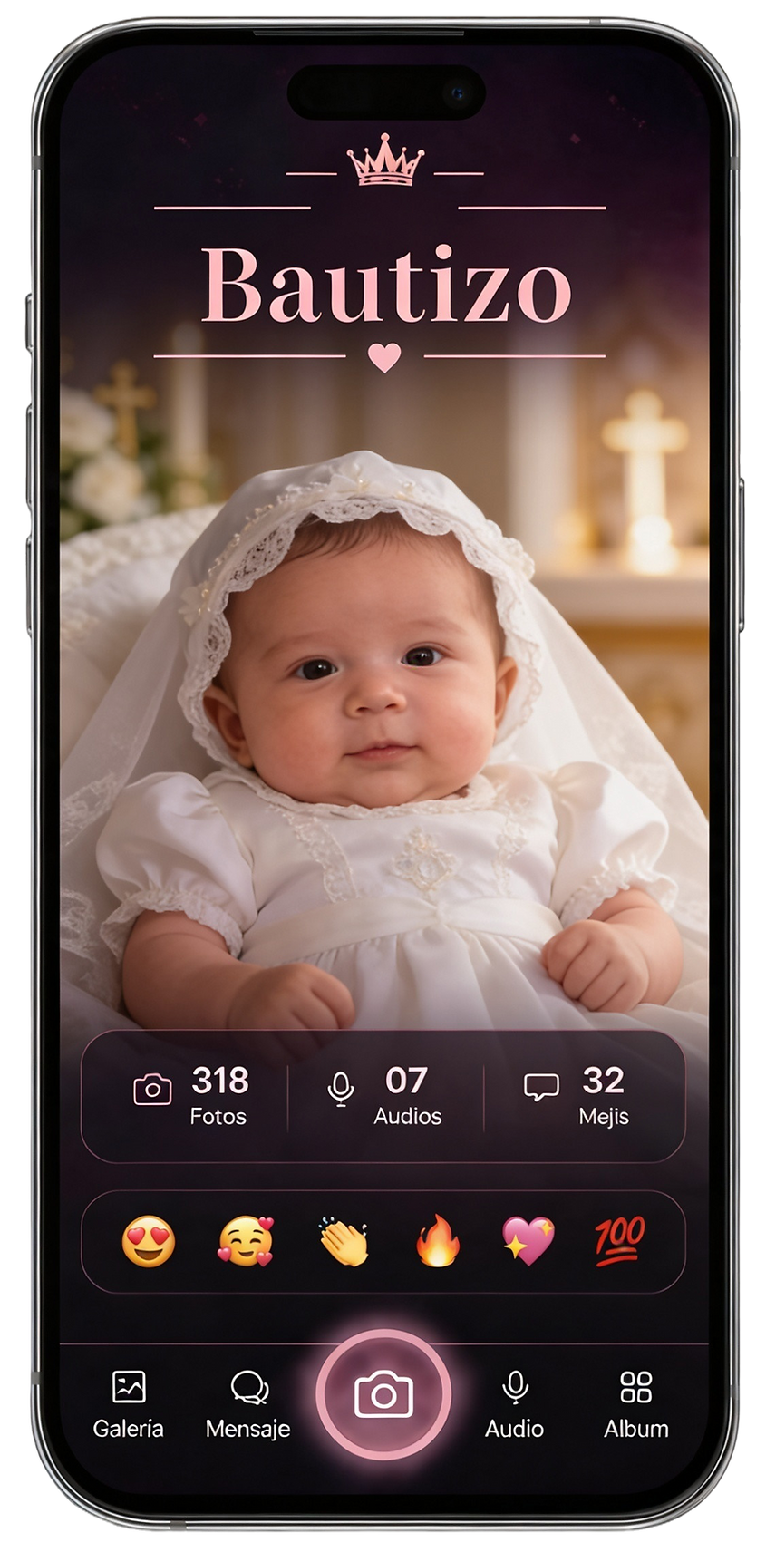 Celular mostrando la app Selfipix para bautizo con invitación digital, RSVP y álbum QR integrado. ¿Dónde puedo comprar invitaciones digitales para bautizos en México?