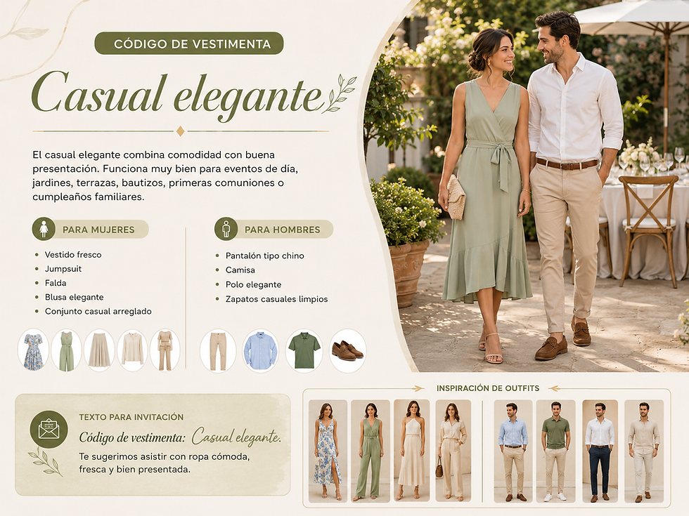 Guía de vestimenta casual elegante para eventos de día, jardines, terrazas, bautizos, primeras comuniones y cumpleaños familiares.