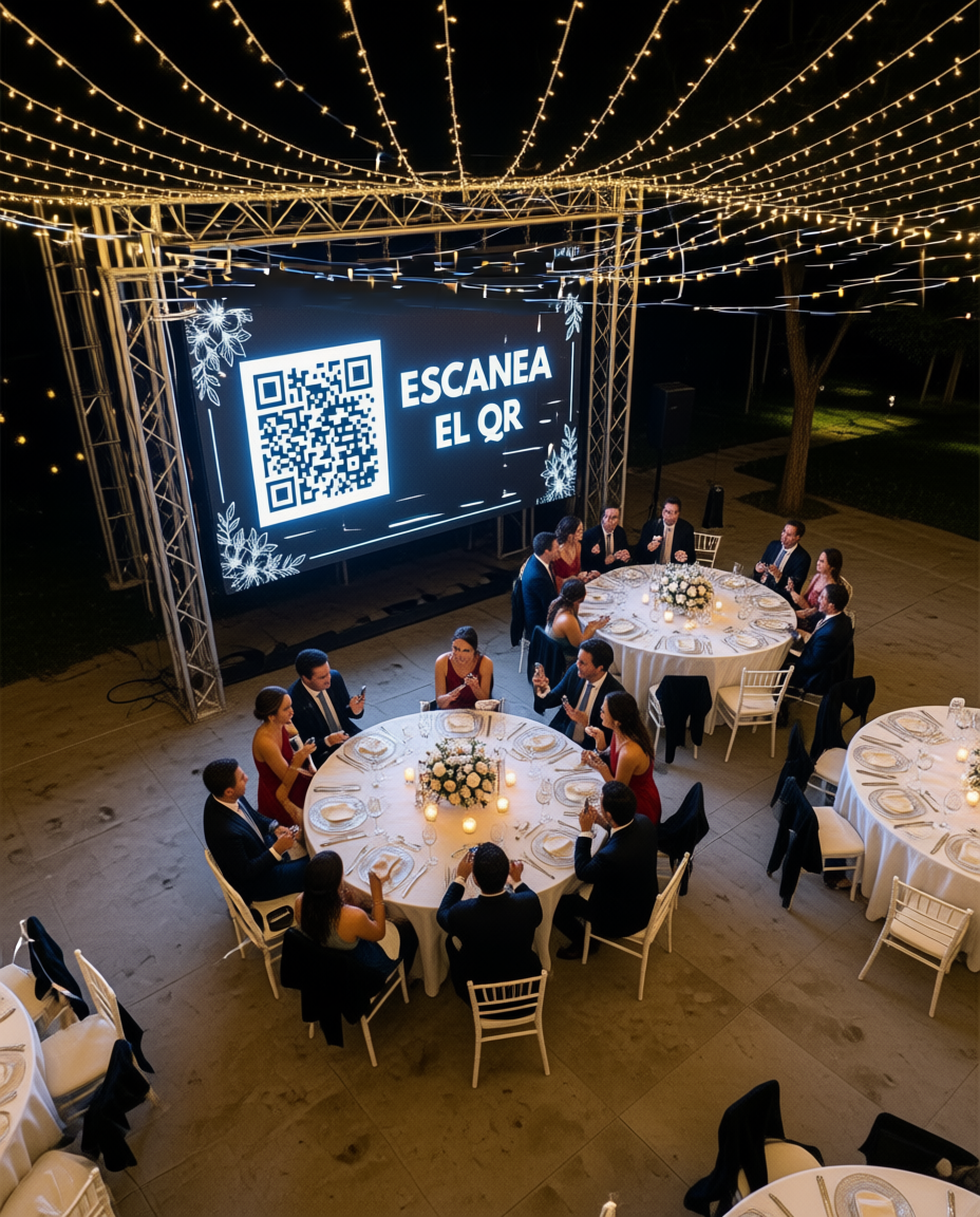 Boda elegante con pantalla LED mostrando el mensaje “Escanea el QR y transmite tus fotos” durante la celebración. Imagen de recepción de boda premium con decoración sofisticada, invitados disfrutando el evento, código QR visible para compartir recuerdos y fotos apareciendo en pantalla en tiempo real. Ideal para bodas modernas con álbum digital en vivo, experiencias interactivas y recuerdos compartidos al instante. selfipix