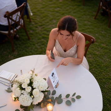 Novia escaneando un código QR personalizado durante su boda para ver las fotos y recuerdos compartidos por sus invitados en el álbum digital. invitacion web digital