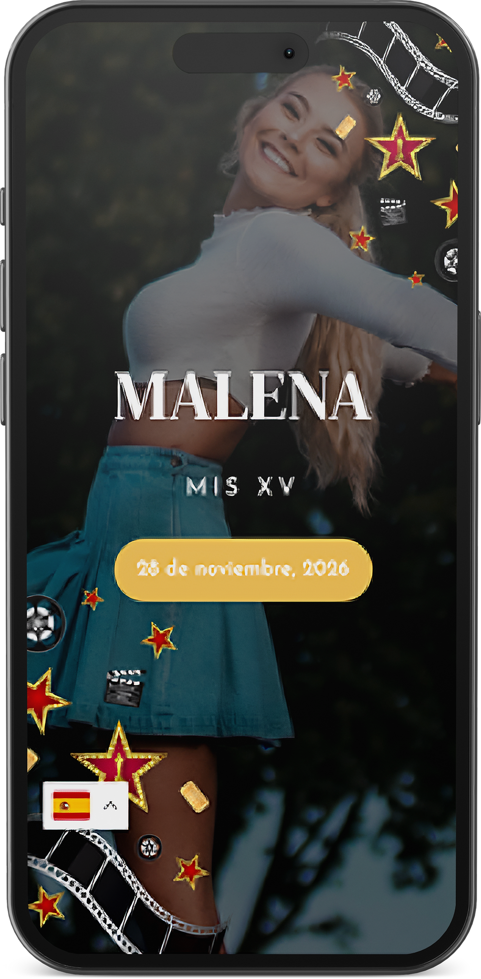 "Laptop mostrando invitación digital de cumpleaños, con acceso al álbum en vivo, registro de invitados y personalización de evento."
