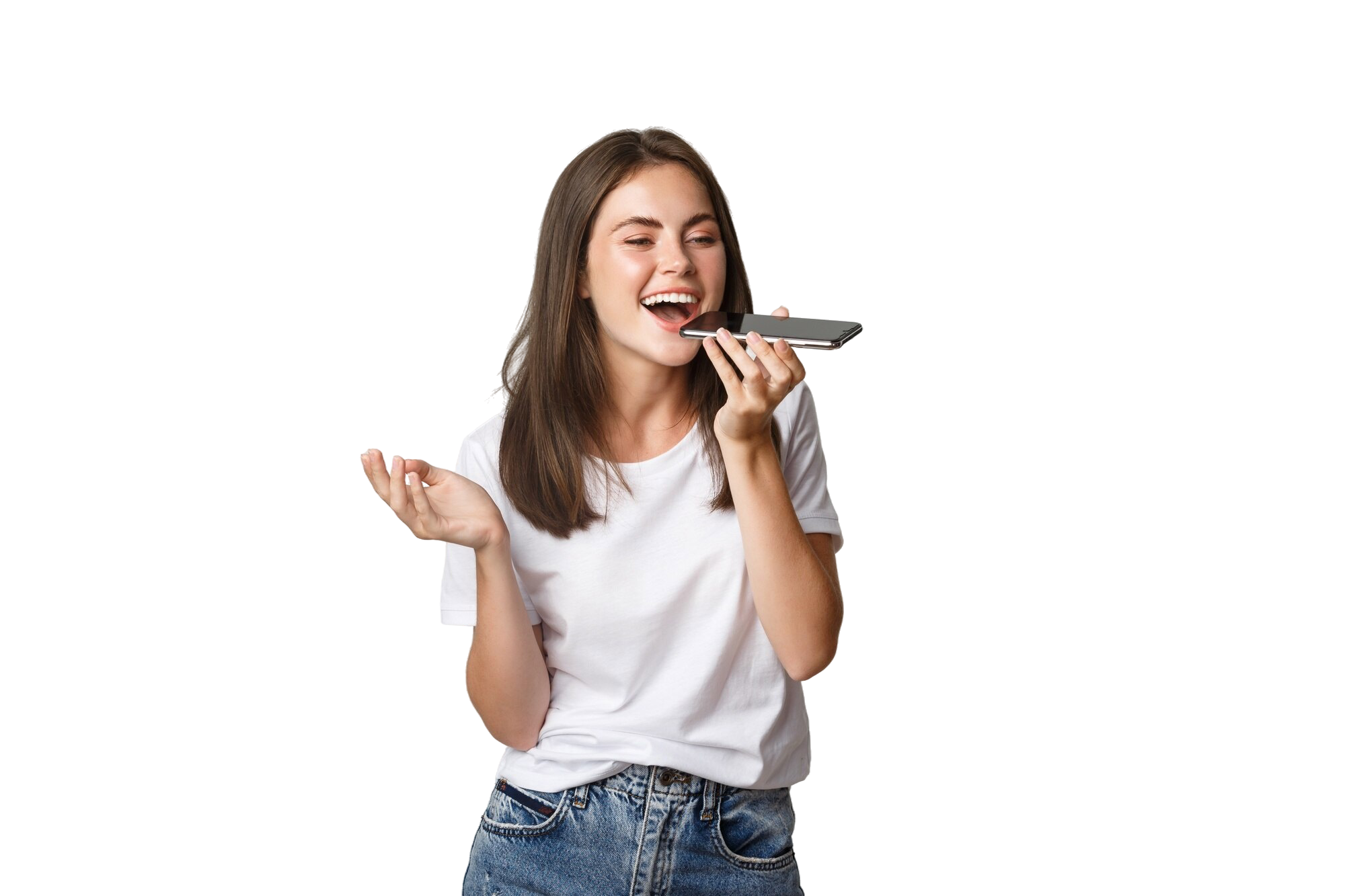 Chica hablando a su celular para grabar un mensaje de audio dedicado al evento con Selfipix.