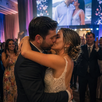 Invitados escaneando código QR en una boda para compartir fotos y recuerdos del evento.