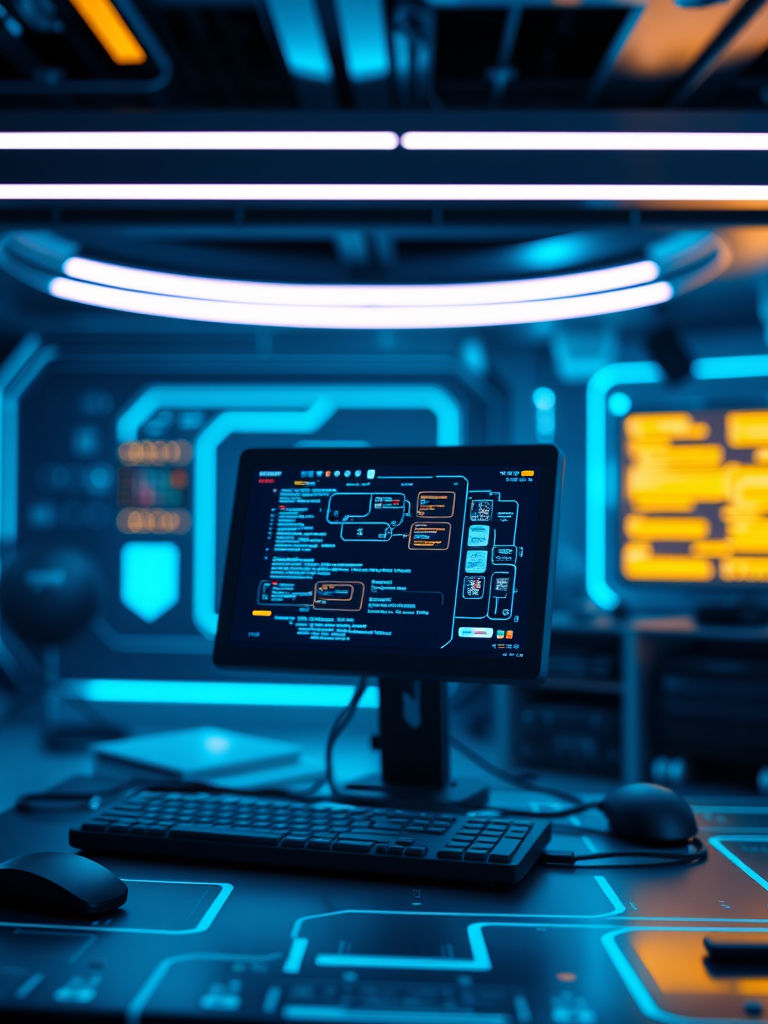 show a sci-fi blue theme developer support in secure safe application in work and flow .jp