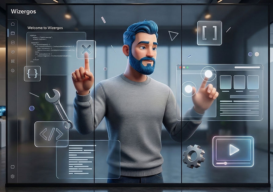 3D character interacting with a holographic Wizergos dashboard illustrating low-code development for insurance software.