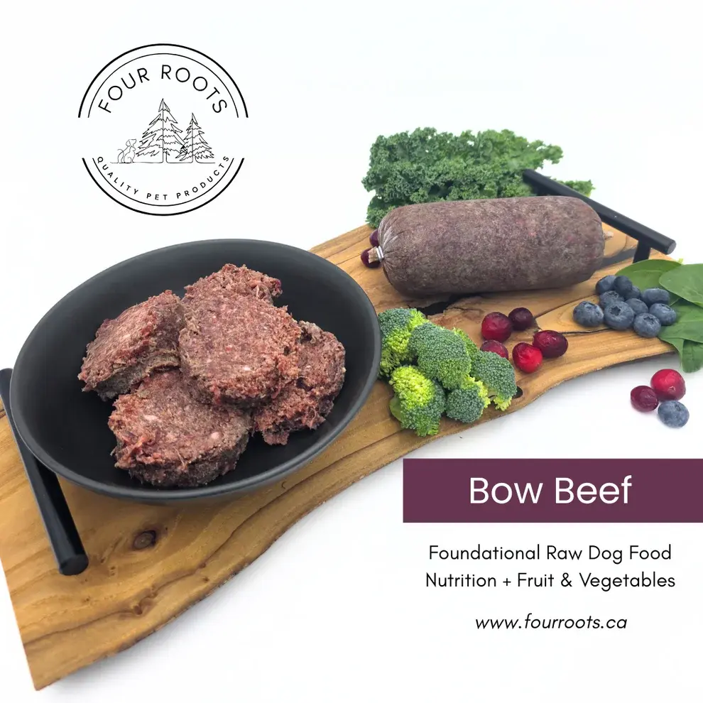 photo of Four Roots Bow Beef finished product and raw ingredients
