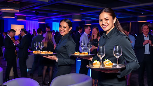 “Professional event servers actively working at a vibrant corporate networking reception. 