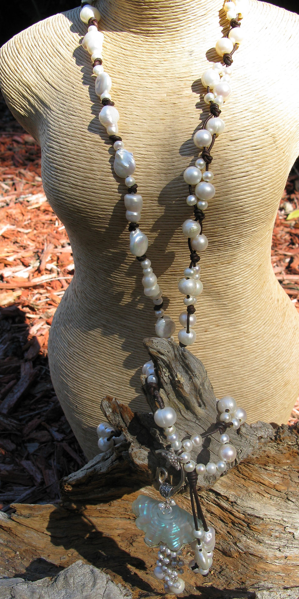 Thumbnail: 3 Way  Freshwater Pearl and Leather necklace w/ Jelly fish