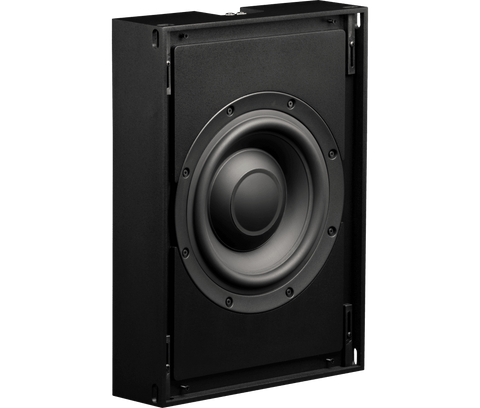 Image of a Triad InWall Bronze/4 SlimSub, showcasing its compact, passive, in-wall design with a frameless metal grille that can be custom paint-matched for seamless integration