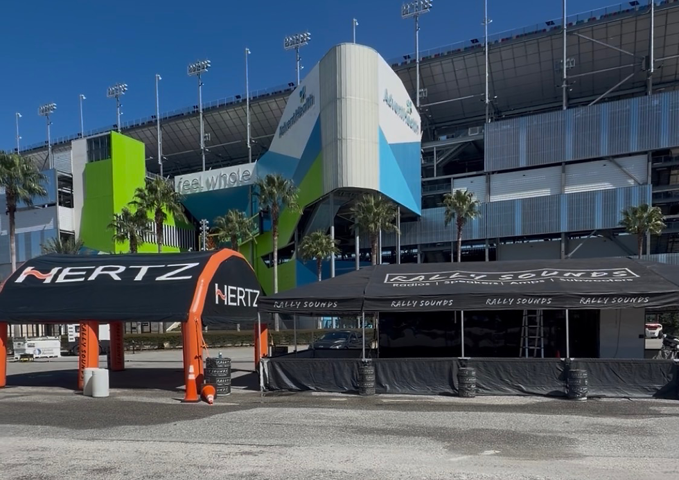 Hertz and Rally Sounds tents at Daytona International Speedway for Biketoberfest
