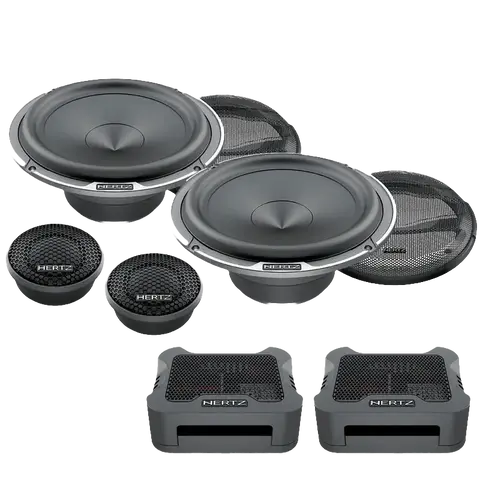 Close-up of Hertz Mille series speakers with Italian craftsmanship details