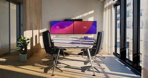 Conference room with wall‑mounted display, soundbar, tabletop microphone hub, and one‑touch meeting controller.