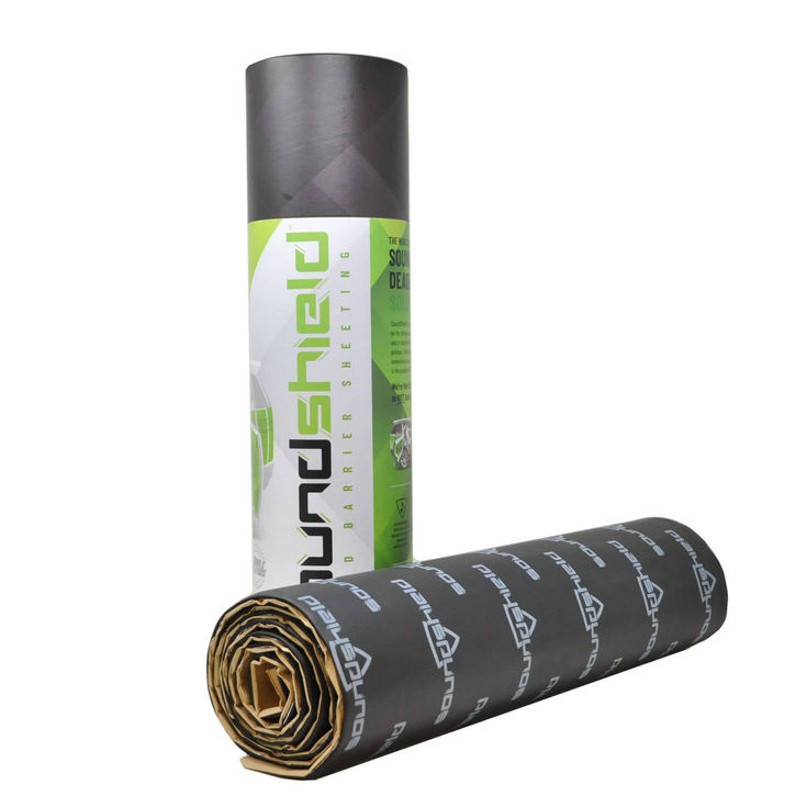 Close‑up of SoundShield’s triple‑layer sheet showing foam, foil, and butyl layers.