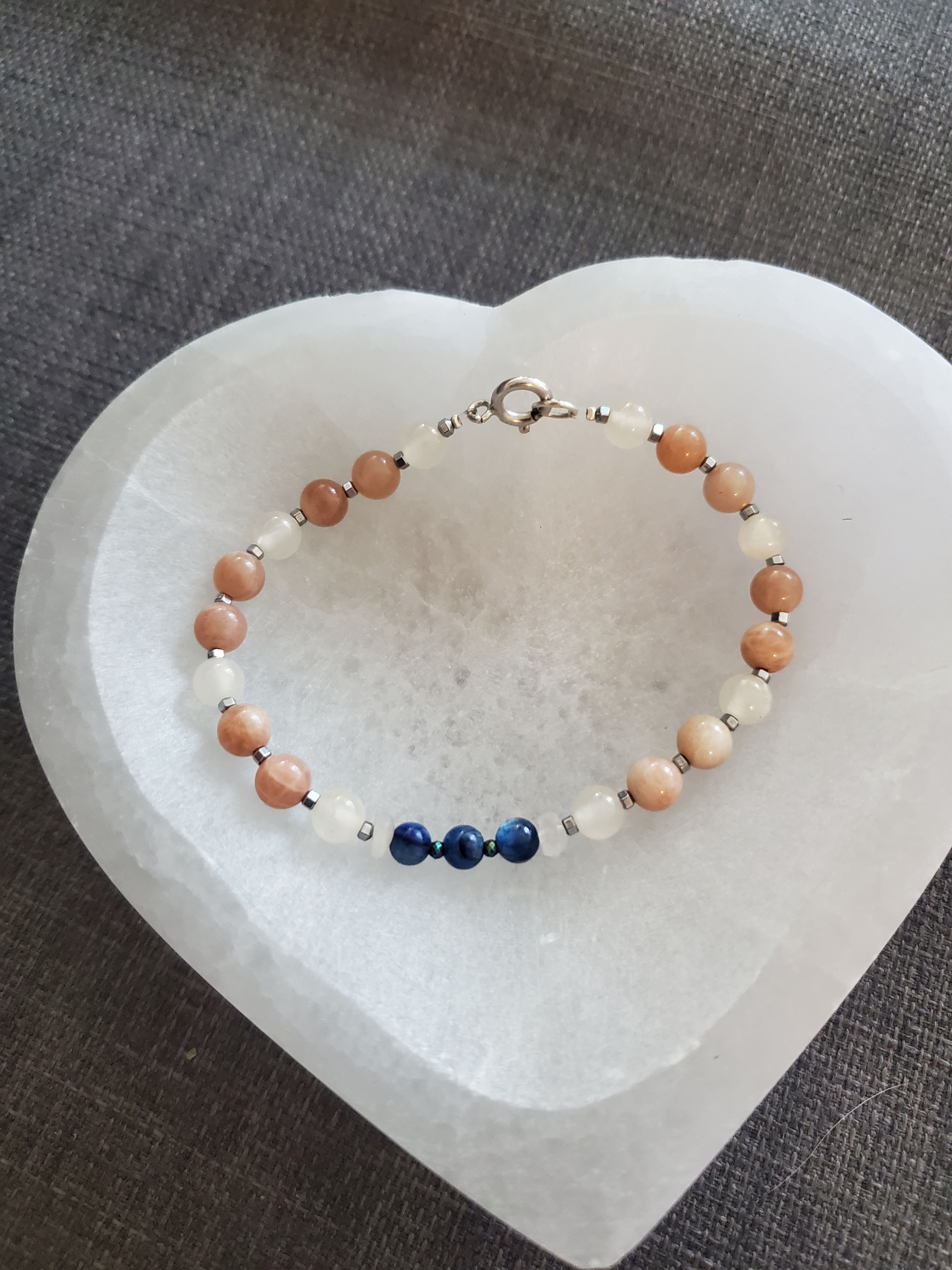 White Moonstone, Peach Moonstone with Kyanite bracelet