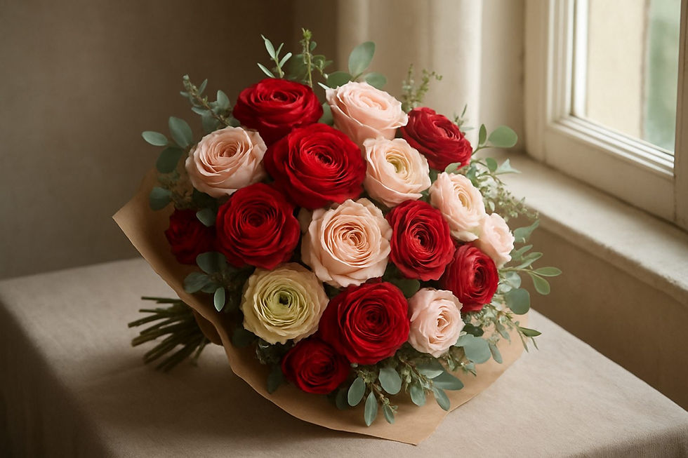 Red and blush rose bouquet wrapped in brown paper