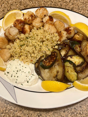 Grilled Scallops with Eggplant, Zucchini and Couscous