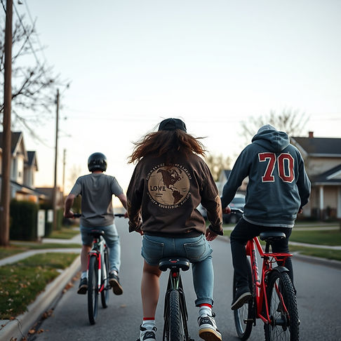 Create an image giving a back shot looking down with teens in trendy baggy skater clothes 