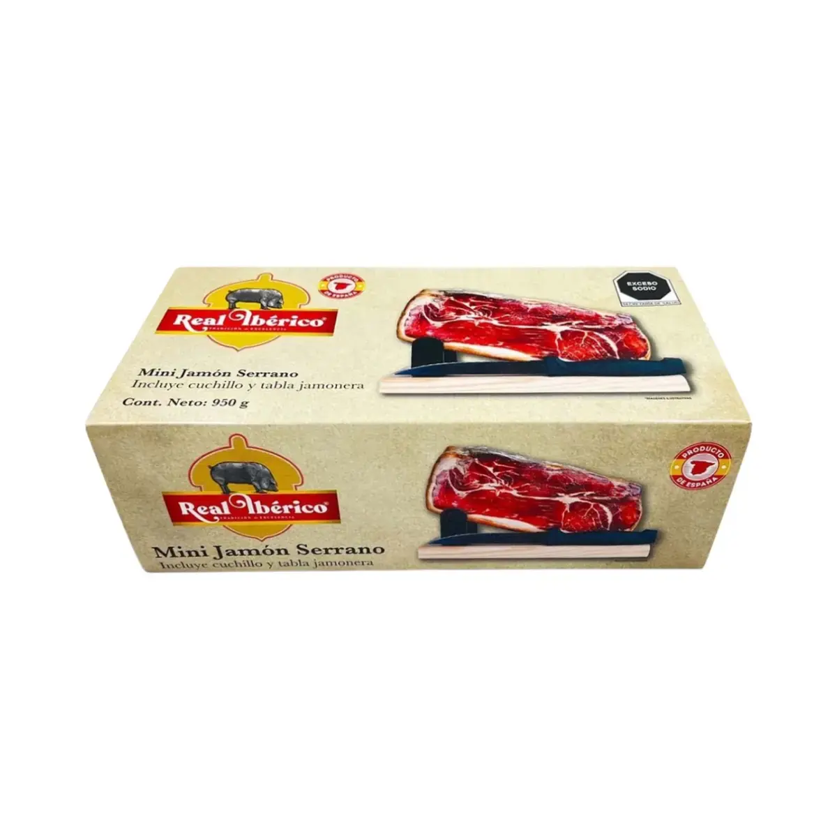 Vista frontal de mini jamon serrano con tabla de cortar jamón y un cuchillo