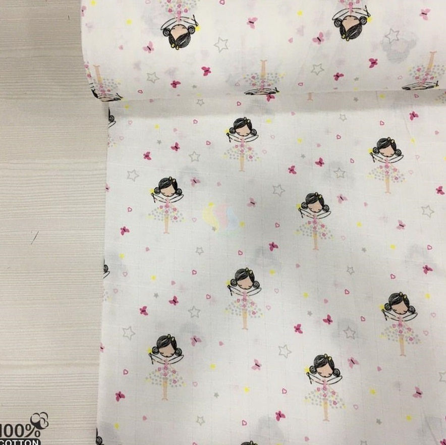 Ürün No: A32853892 Tatlı Minik Periler Desenli Müslin Kumaş (Pike)