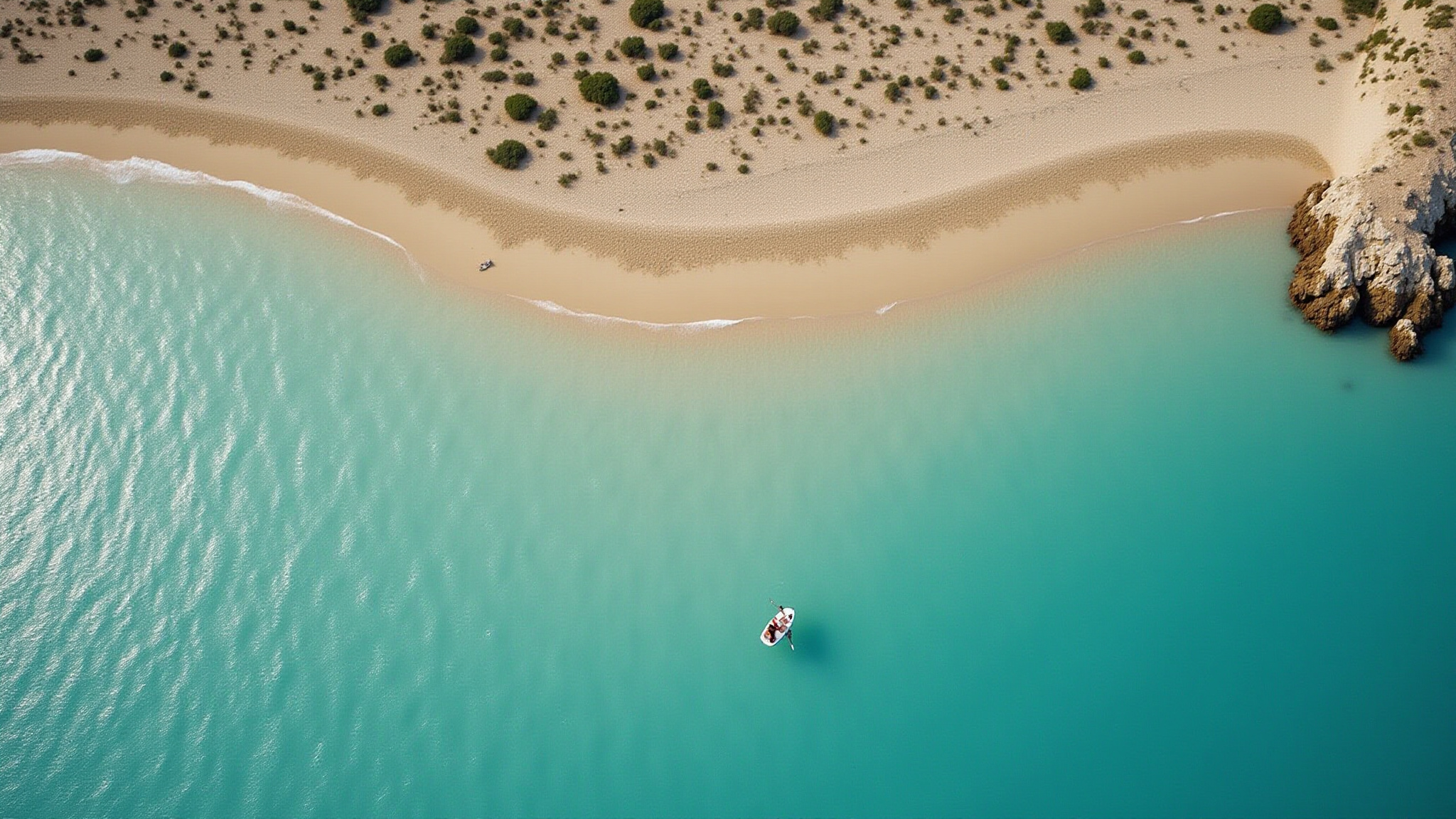 Spiaggia sabbiosa con acqua turchese cristallina e barca