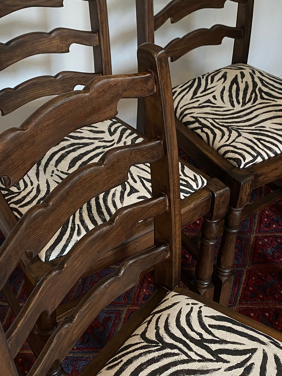 Thumbnail: Four Wooden Ladderback Dining Chairs with Zebra Print Upholstery