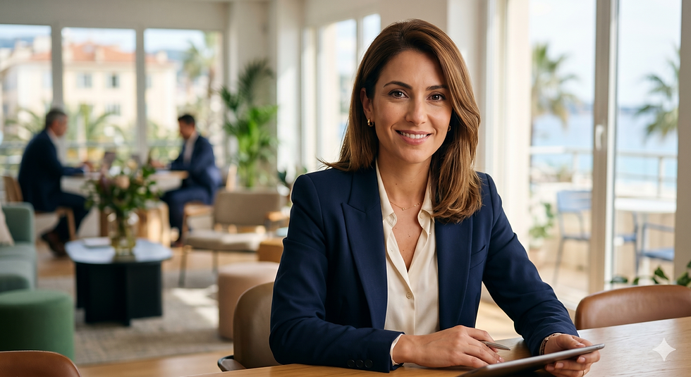 Portrait corporate premium d'une dirigeante souriante dans un bureau moderne et lumineux à Nice Sophia Antipolis, réalisé par un photographe professionnel expert en image de marque d'entreprise.
