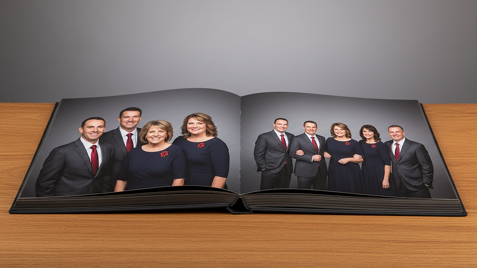 Close-up view of a 10 by 10 photo book opened on a wooden table