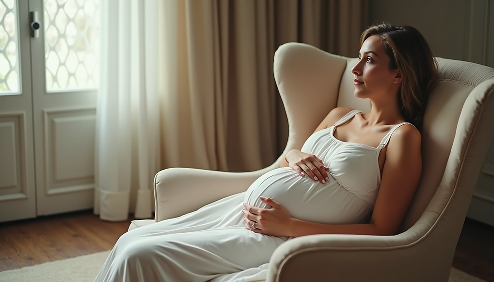 Vue en plongée d'une robe de grossesse en tissu léger posée sur un fauteuil élégant