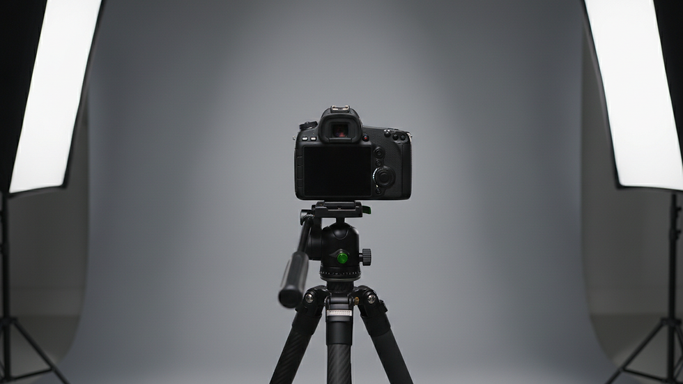 Close-up view of a professional camera on tripod focused on a studio backdrop
