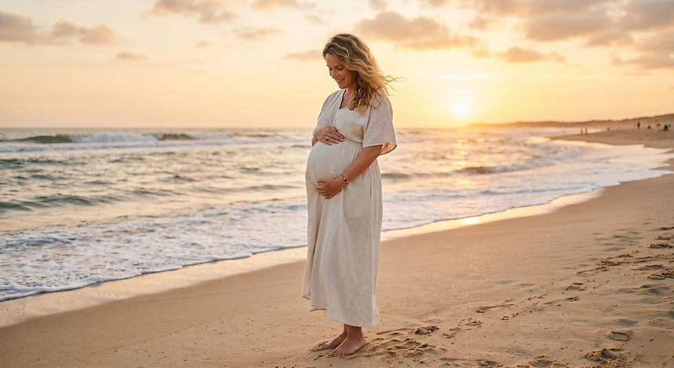 Vue rapprochée d'une future maman tenant délicatement son ventre sur une plage de sable fin