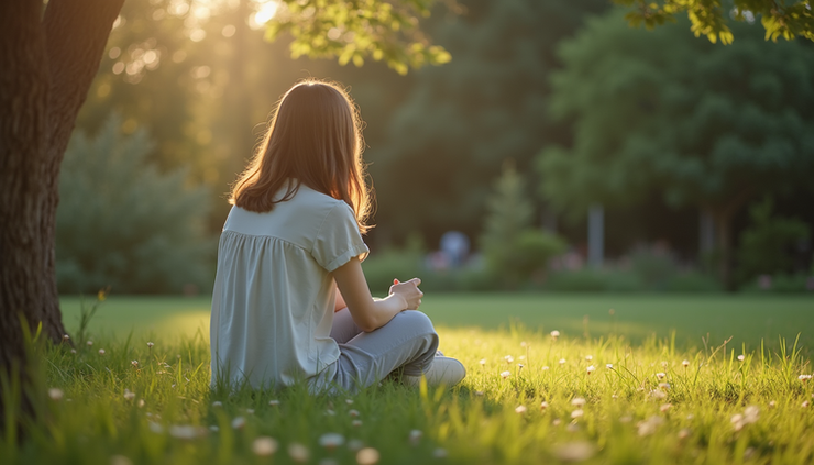 Eye-level view of a person sitting quietly in a peaceful garden, reflecting