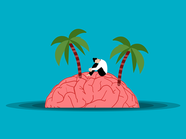 Eine Frau sitzt auf einer Insel in Form eines Gehirns