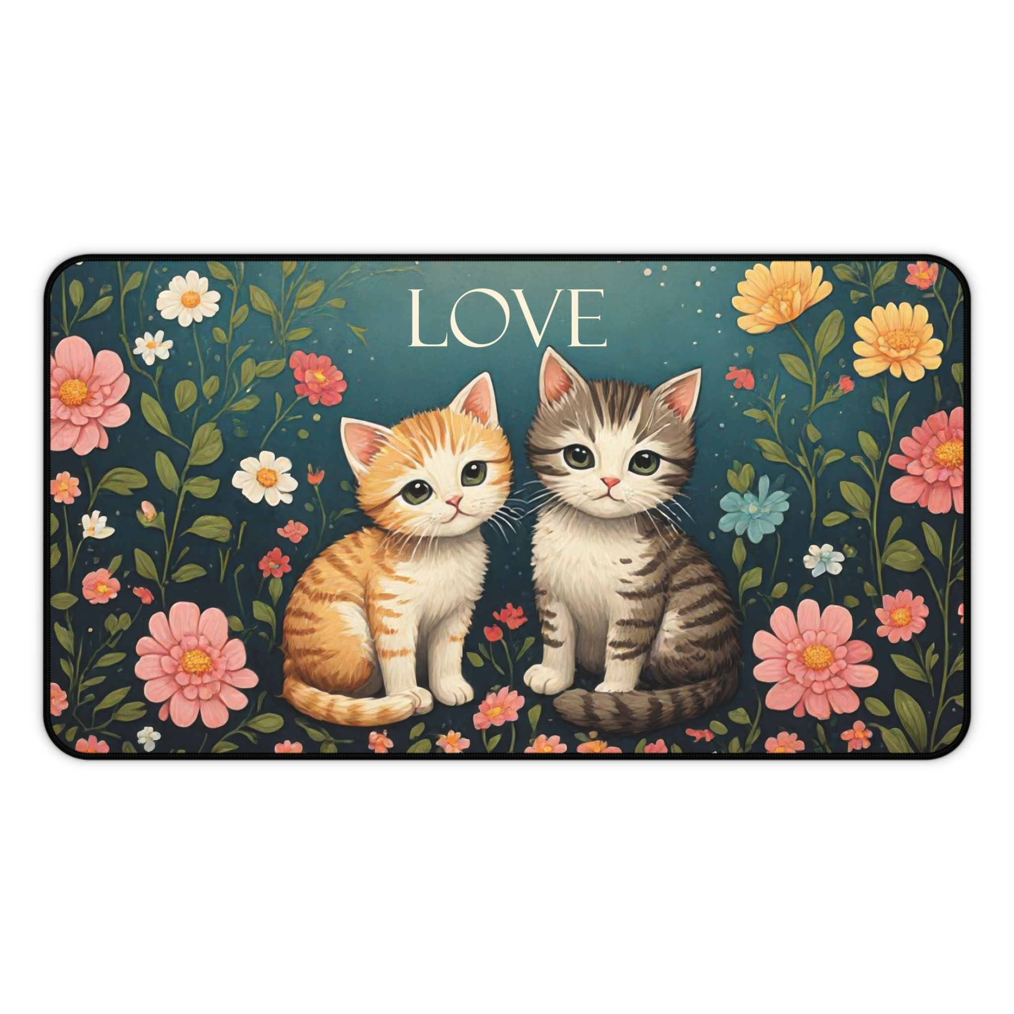 Cute Kittens with Flowers Desk Mat,Inspirational Floral Mouse Pad for Cat Lovers