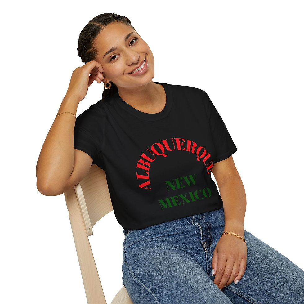 Thumbnail: Bold text red arched Albuquerque with green New Mexico below it on a t-shirt