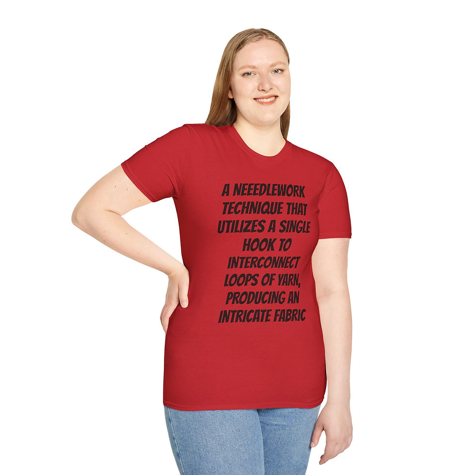Thumbnail: bold text with crochet description on a t-shirt