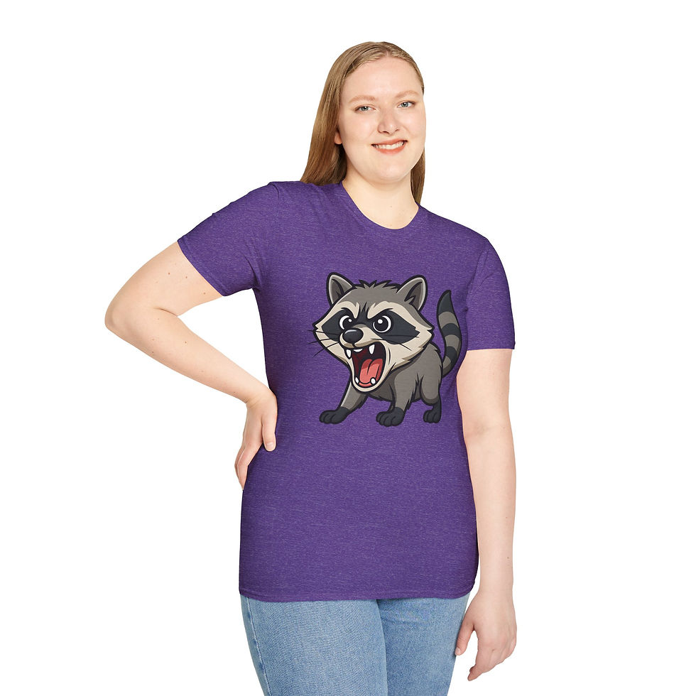 Thumbnail: heather purple tee with cartoon raccoon