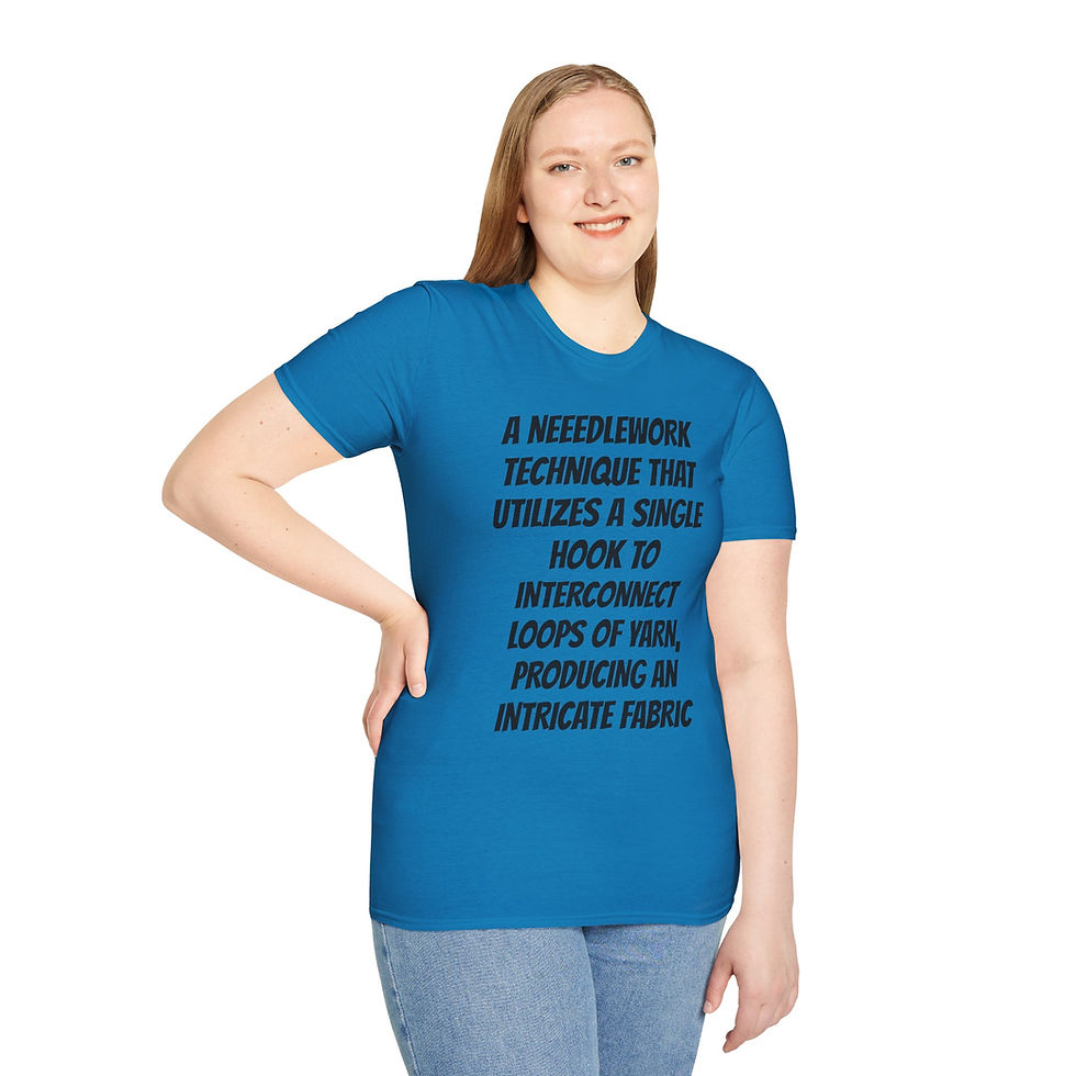 Thumbnail: bold text with crochet description on a t-shirt