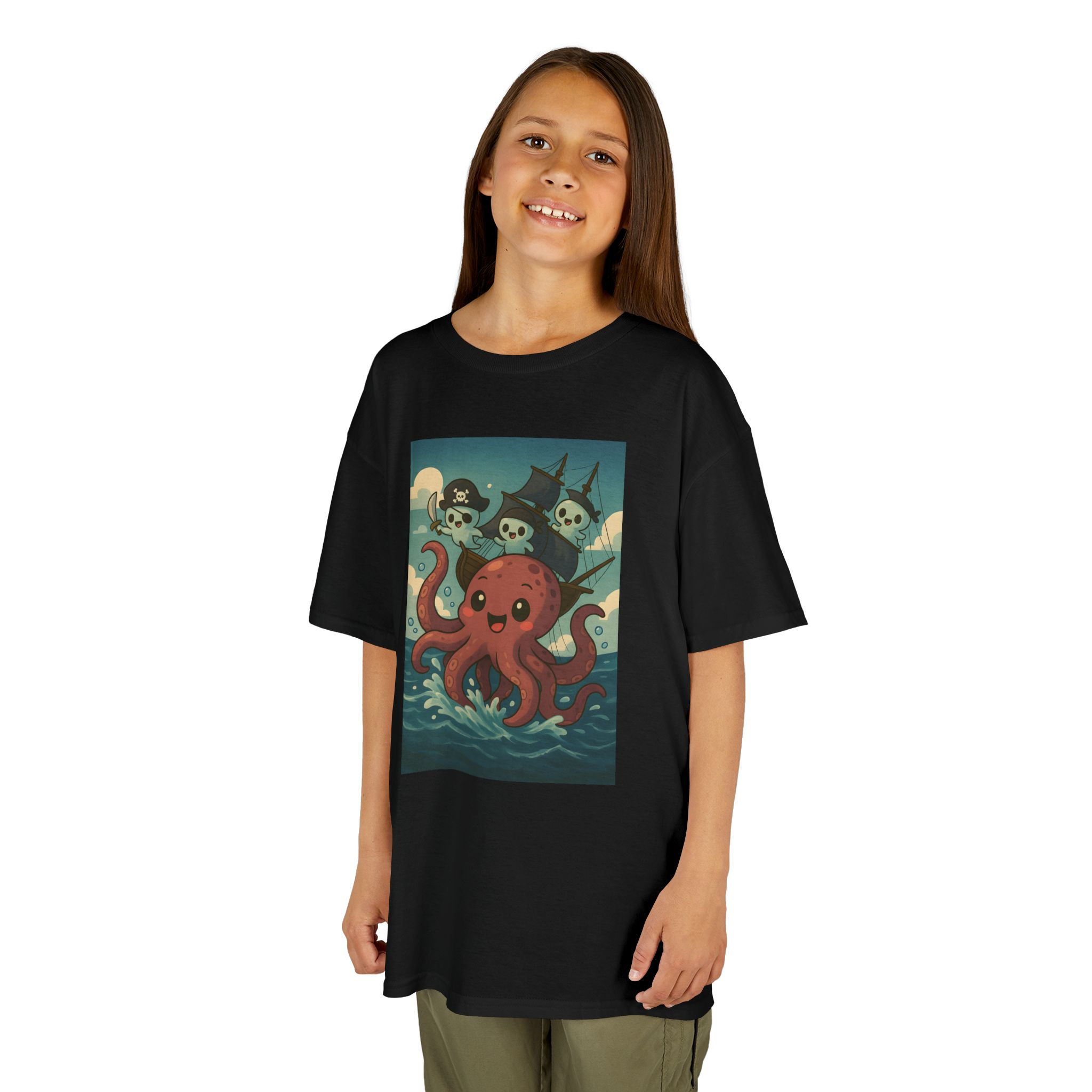 cartoon Kraken attacking pirate shirt with ghosts on a t-shirt