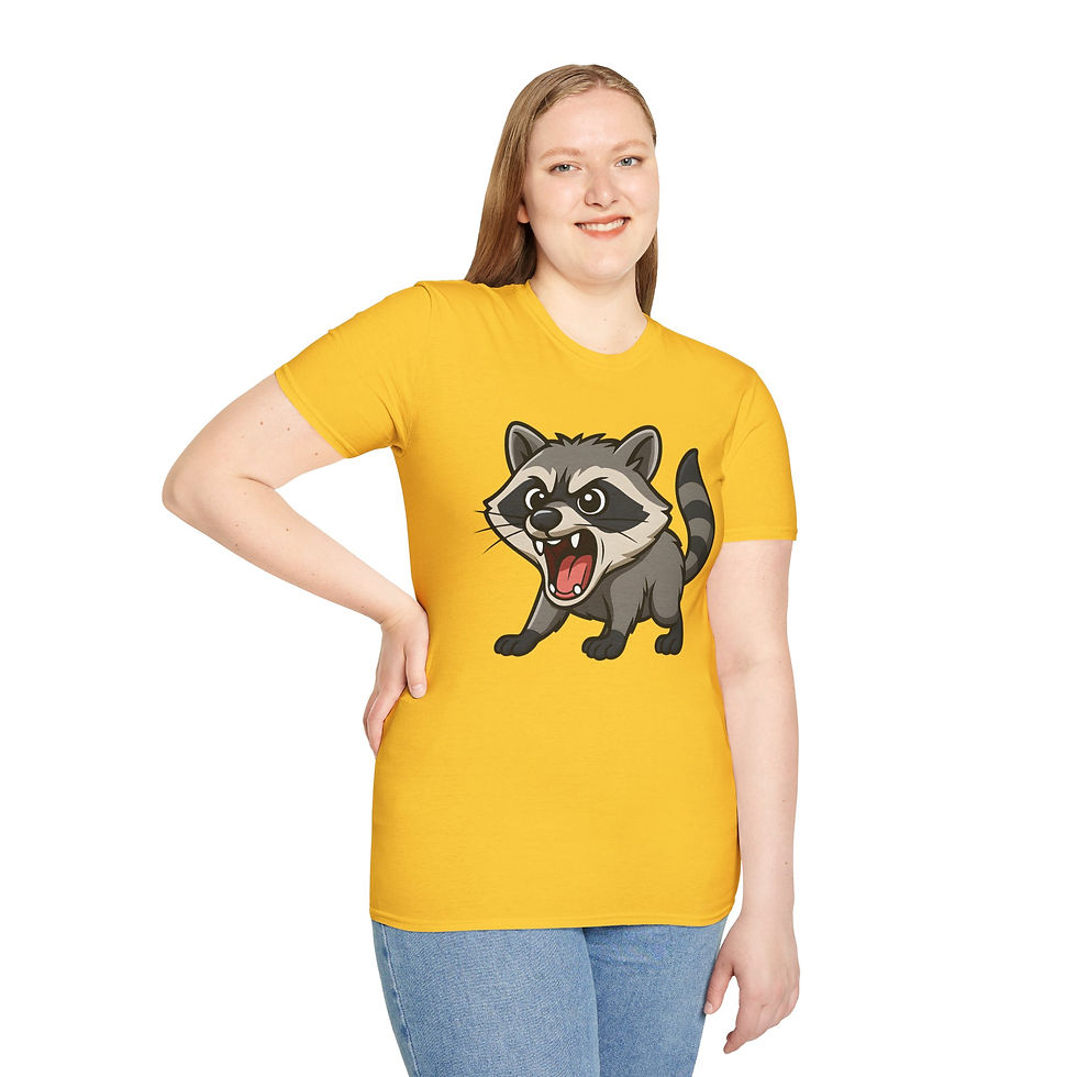 Thumbnail: yellow tee with cartoon raccoon