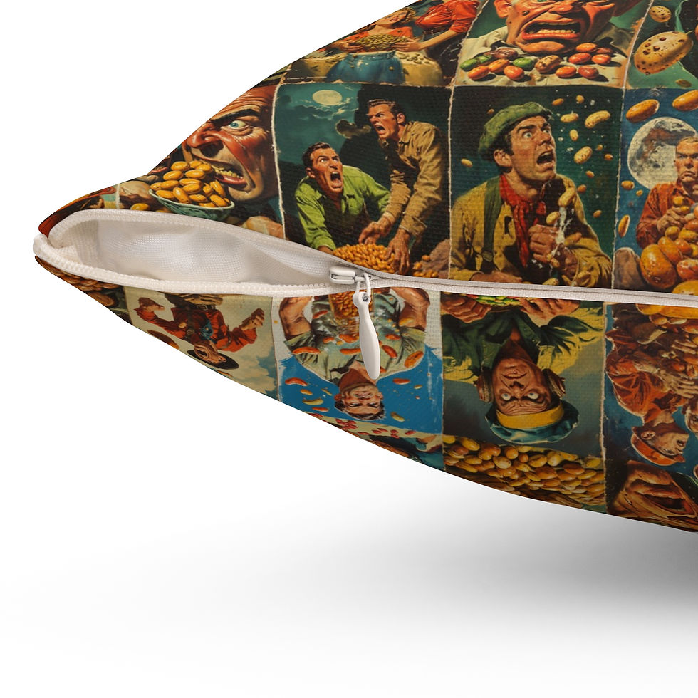 Thumbnail: Retro Comic Bean Wars Pillow – Furious Faces, Bold Colors, Surreal Humor