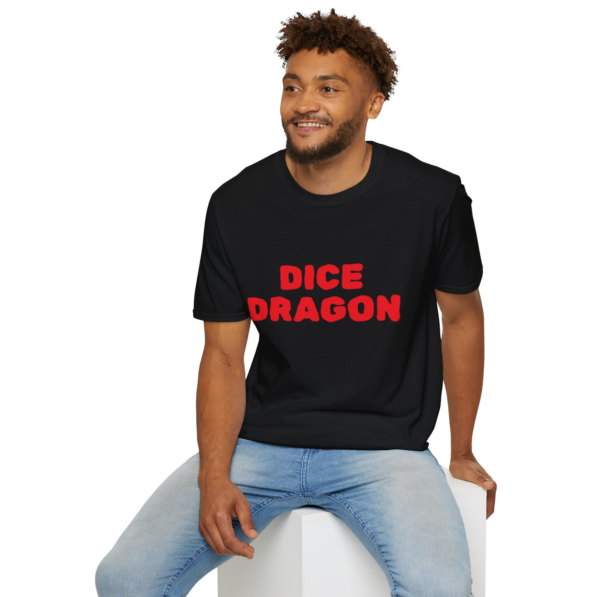 black tee with Dice Dragon red text