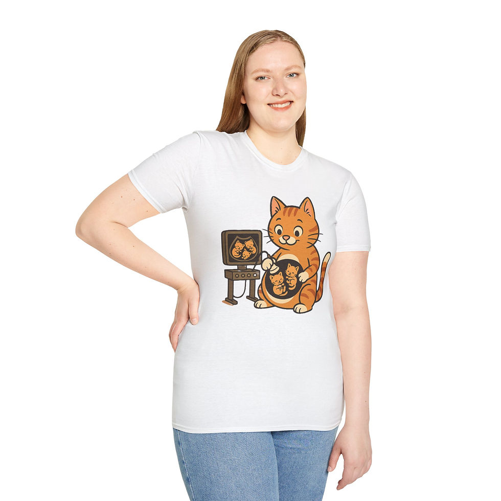 Thumbnail: white tee with cartoon pregnant cartoon orange tabby cat doing ultrasound on itself with kittens on screen