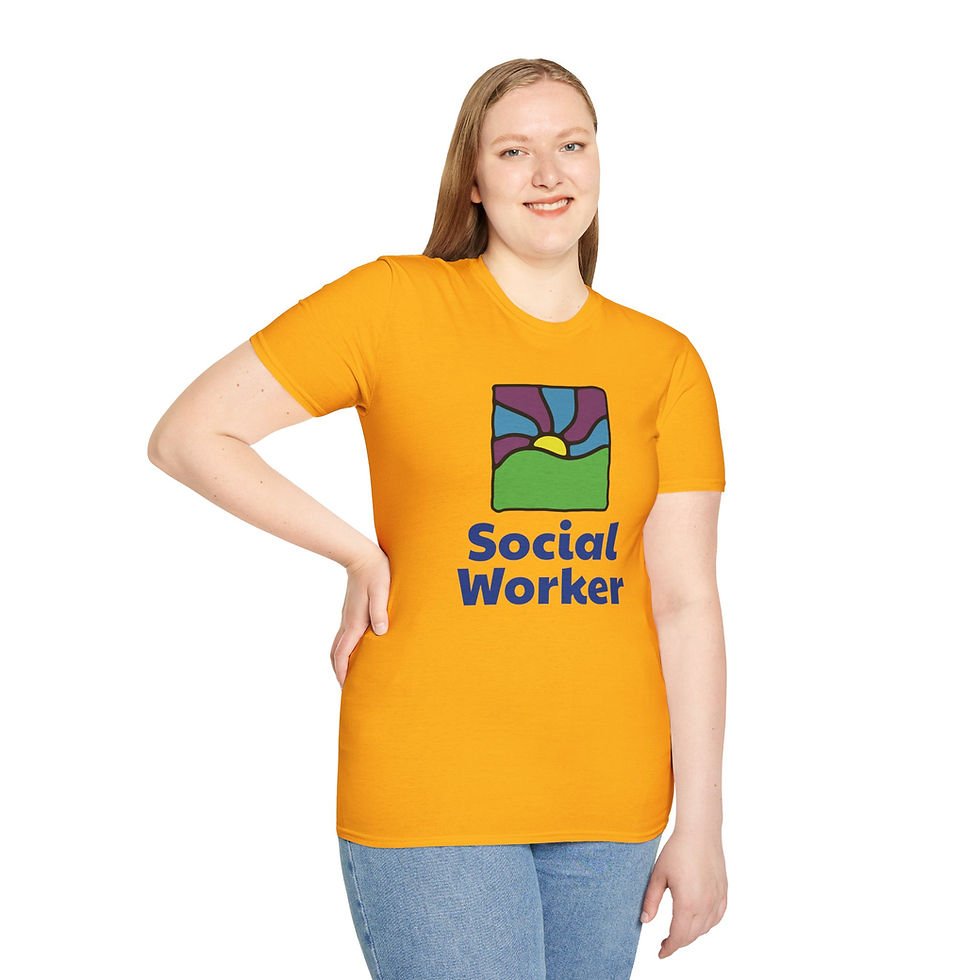 Thumbnail: abstract great hill with yellow sun either purple and blue rays in the sky with bold text social worker on t-shirt