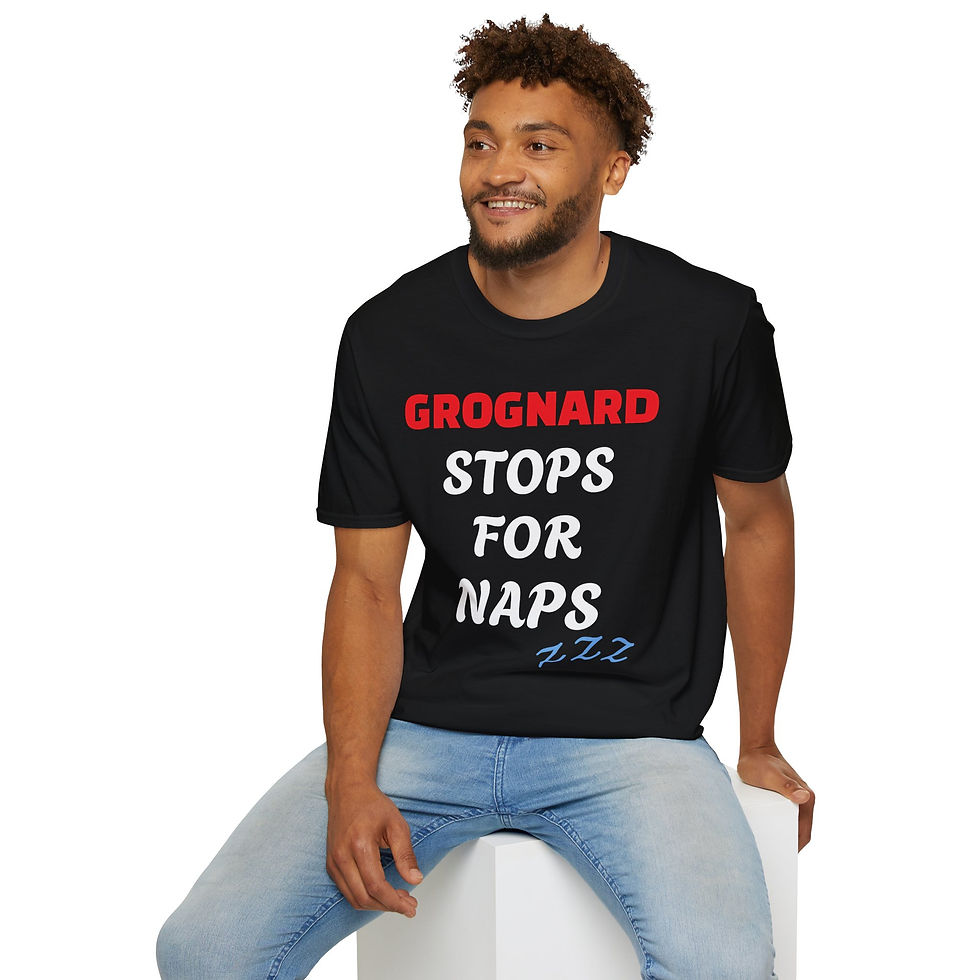 Bold text Grognard stops for naps with ZZZ on a t-shirt