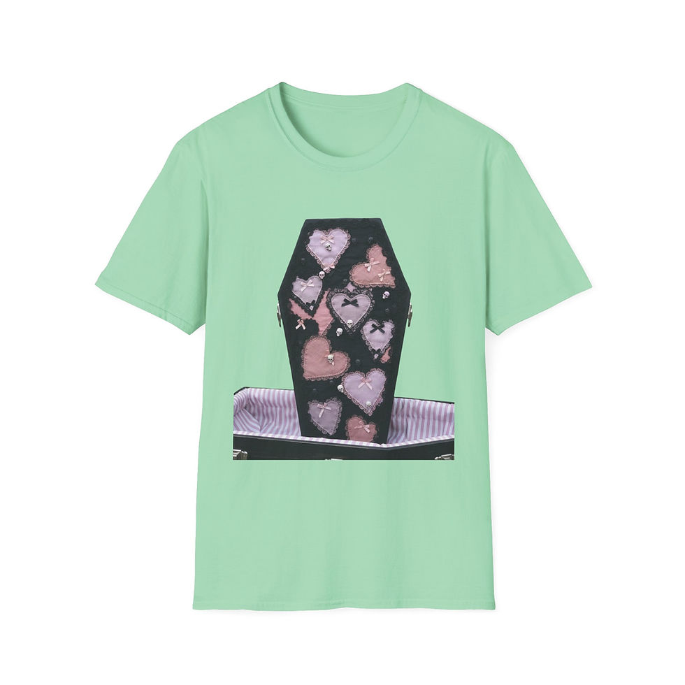 Thumbnail: tee with purple and pink frilly hearts with skulls and white and pink coffin interior black outside
