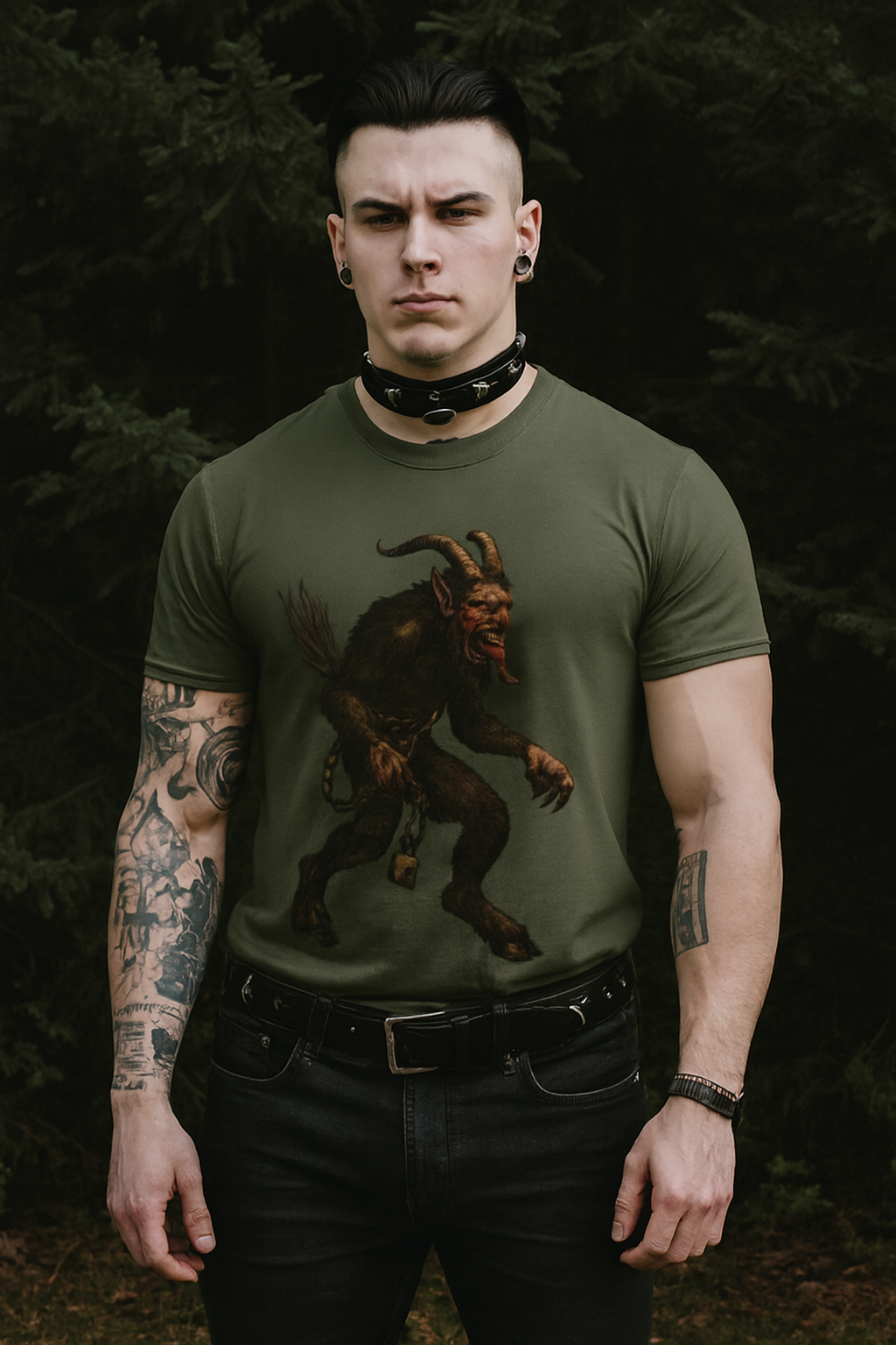 military green tee with krampus