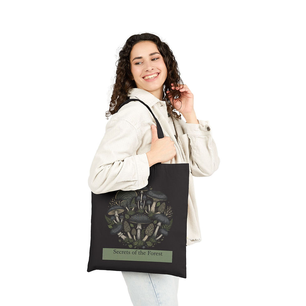Thumbnail: Black cotton canvas tote with mushroom circle