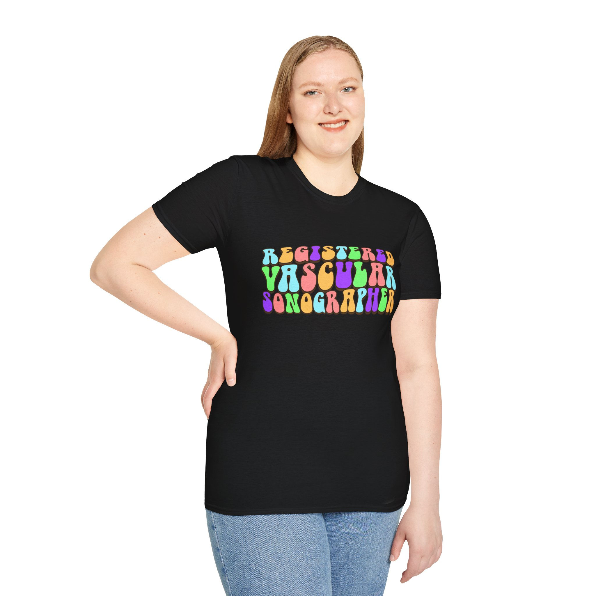 bold bubble colorful text Registered Vascular Technologist on a t-shirt